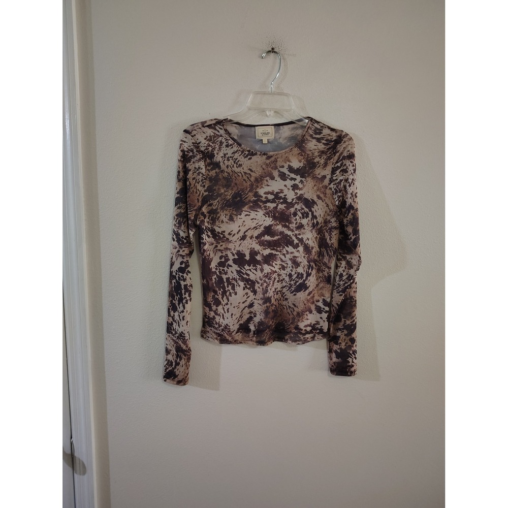 Sterling & Stitch Brown Cow Print Mesh Long Sleeve Top Womens Large